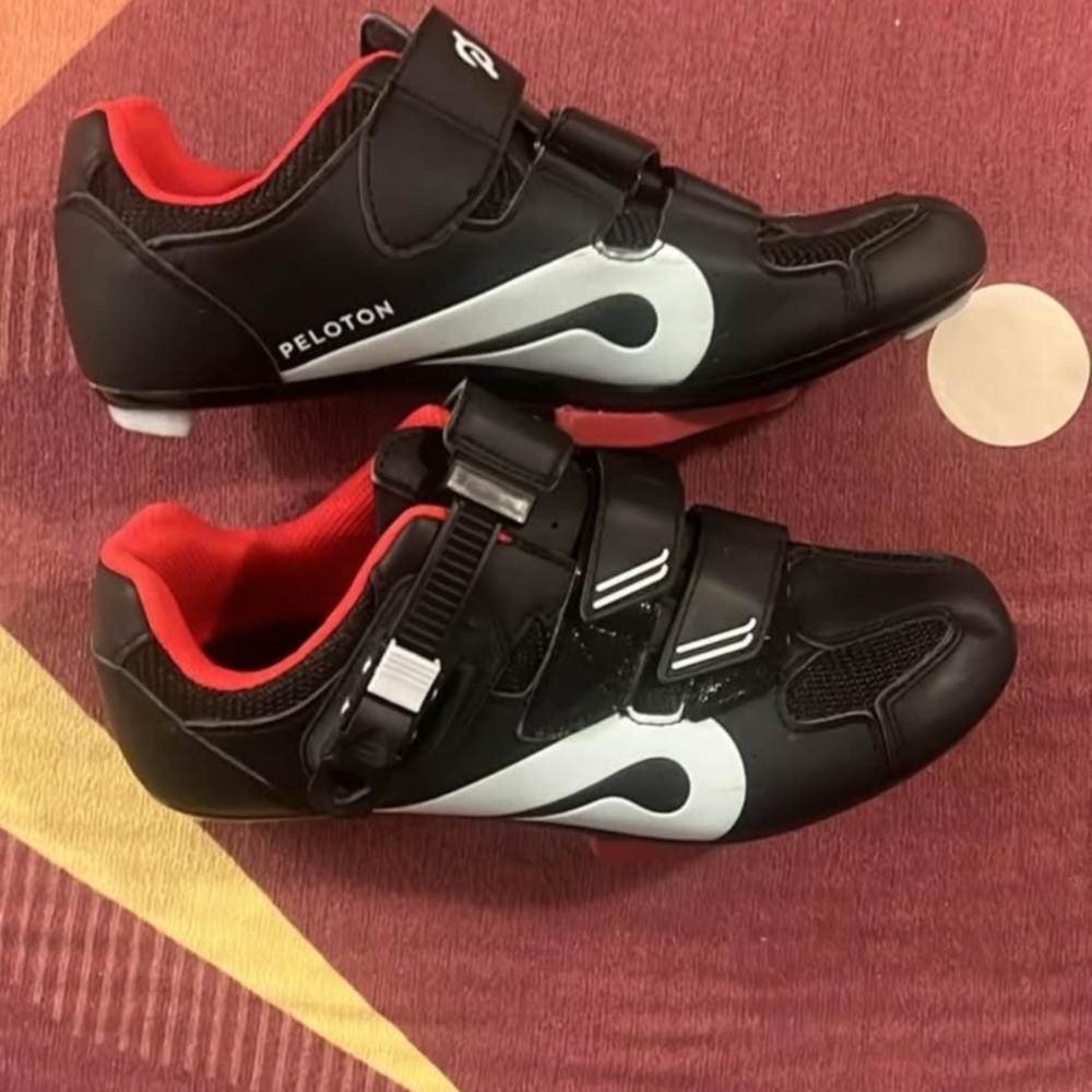 Peloton Black and White Cycling Shoes with Red Interior